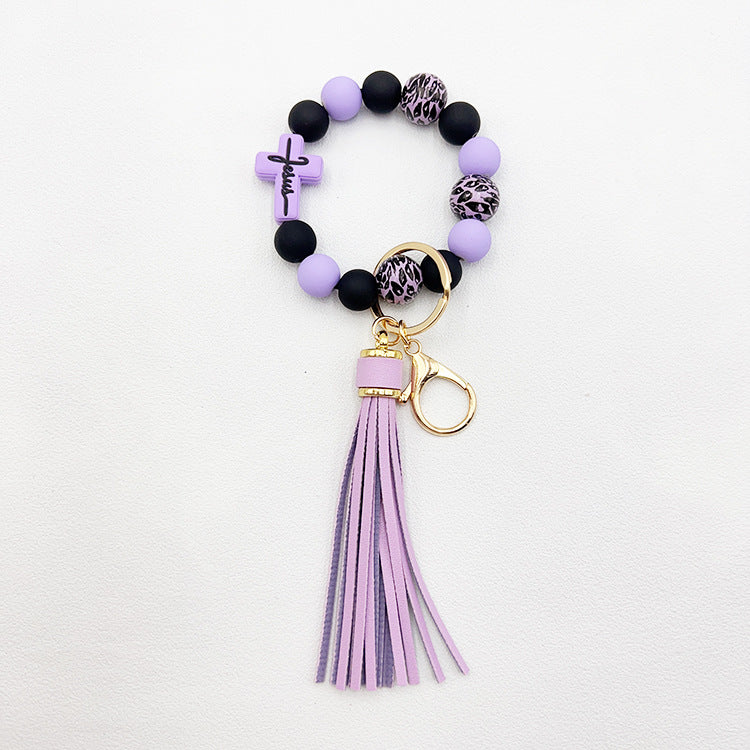 Wholesale Leopard Cross Silicone Beaded Tassel Wrist Keychain